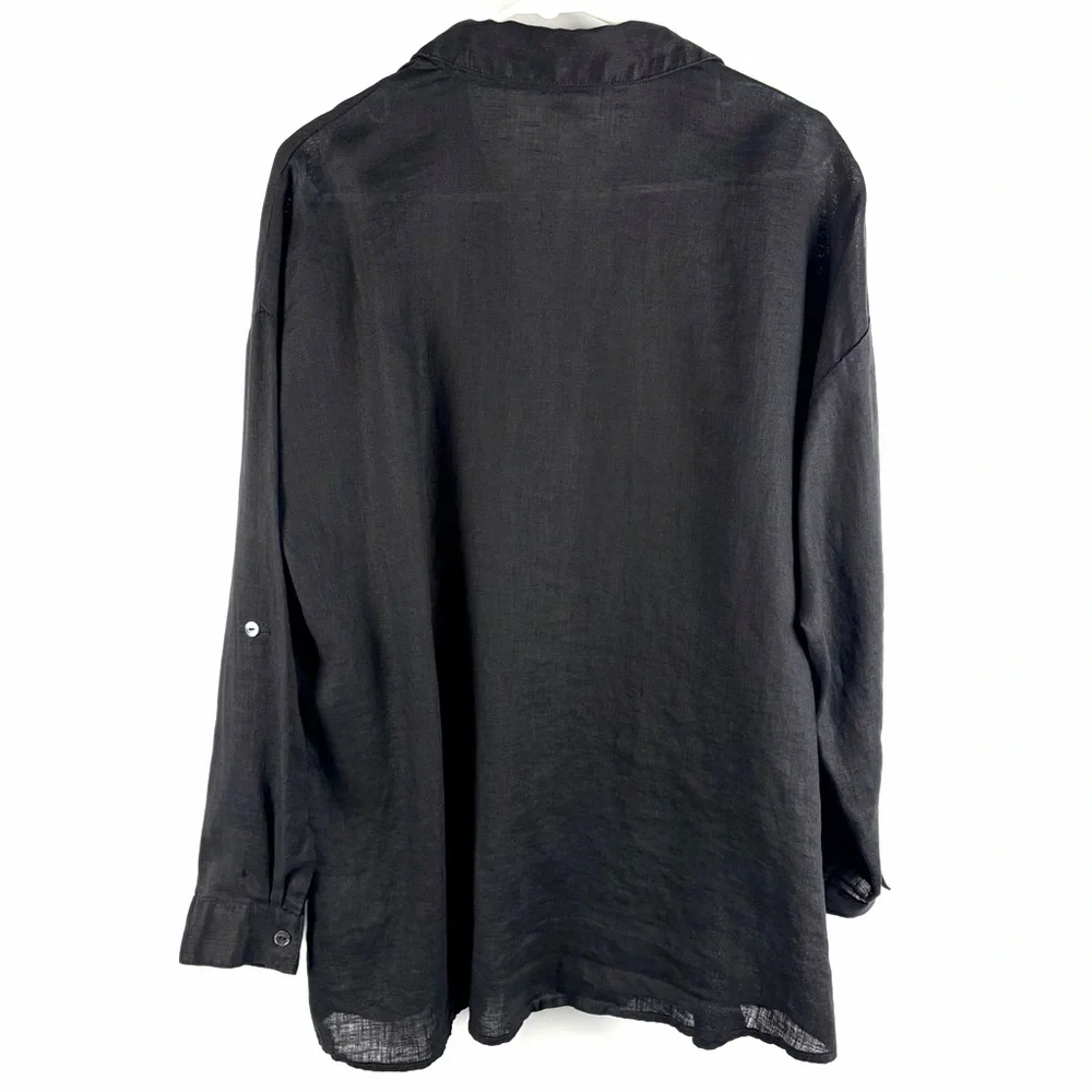 Magaschoni Black 100% Linen Button Down Shirt Roll Tab Sleeve Medium - Picture 10 of 15